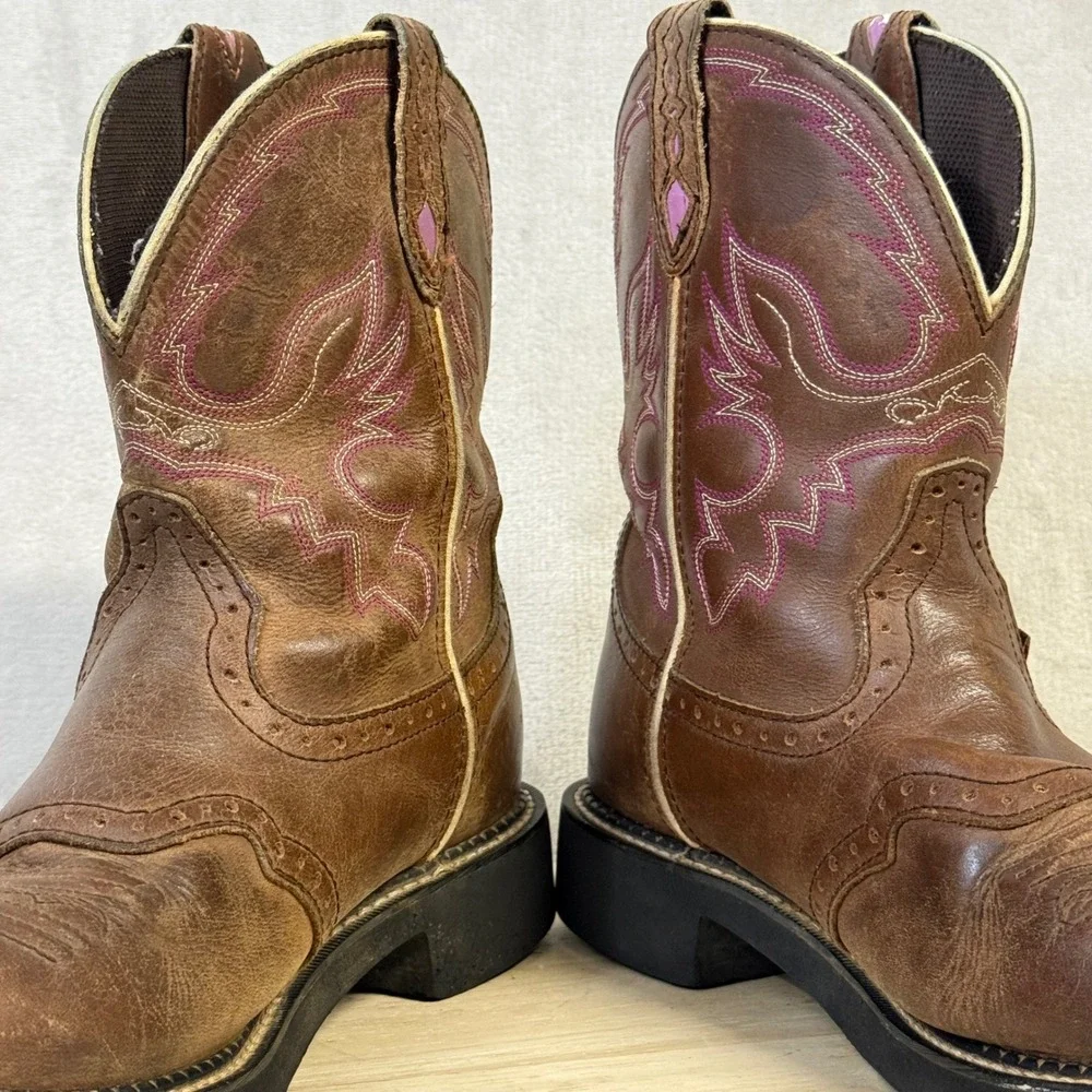 Justin Gypsy Womens Brown Leather Western Cowgirl Boots Pink Stitch L9903 Sz. 9B